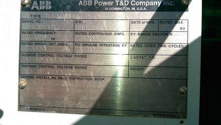 1200 Amp, ABB, R3, 15.5 KV, VACUUM, 124 VDC CLOSE & TRIP, 110 BIL: