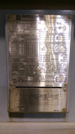 1200 KVA, Pri 13200 D, Sec 480Y/277, SQUARE D, HV-CU / LV-AL WINDINGS: