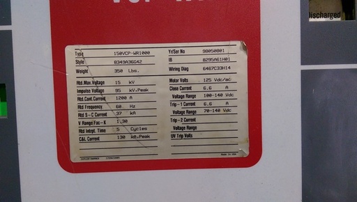 1200 Amp, Cutler Hammer-Westinghouse, 150VCP-WR1000, 15 KV, Motor-125 VDC/AC: