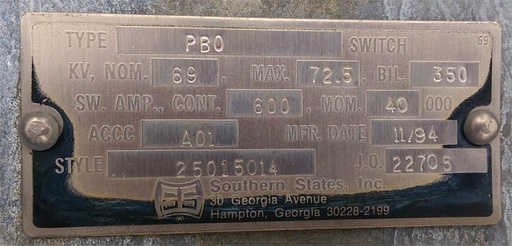 600 Amp, SOUTHERN STATES, No. PBO, 69000 V., BIL 350, 40 KV MOM: