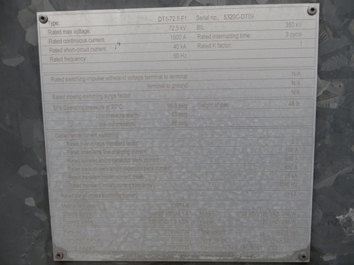 1600 Amp, ALSTOM, DT1-72.5 F1, 69 KV, 2002, 125 VDC CLOSE & TRIP, CRR4-5 MECH.
