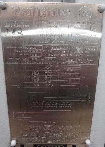 5000 KVA, Pri 12470 D, Sec 4160Y/2400, WESTINGHOUSE, AL-AL, CLASS OA