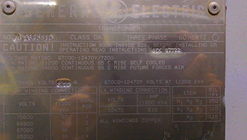 11200/14000 KVA, Pri 67000 D, Sec 12470 Y, GENERAL ELECTRIC, COPPER WINDINGS