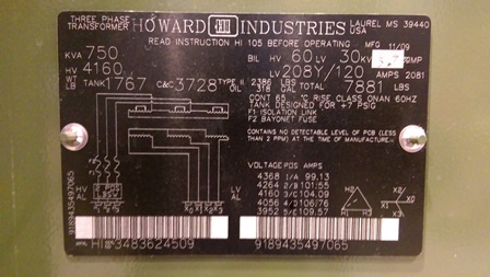 750 KVA, Pri 4160 D, Sec 208Y/120, HOWARD, DEAD FRONT, RADIAL FEED