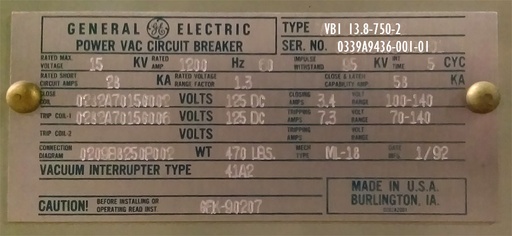 1200 Amp, GENERAL ELECTRIC, VB1-13.8-750-2, 15 KV, ML-18 MECHANSIM:
