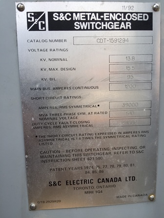 1200 Amp, S & C, No. CDT-1591294, 15000 V., 1992, GROUNDING SWITCH:1