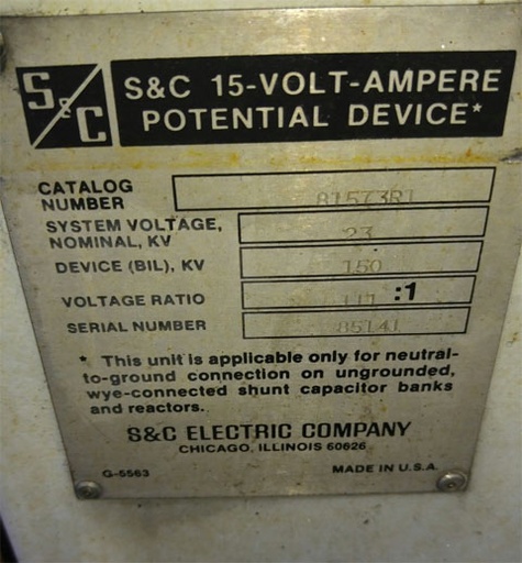 23000 V, S & C VOLTAGE TRANSFORMERS, TYPE 81573R1, 111:1 RATIO, 150 KV BIL:3
