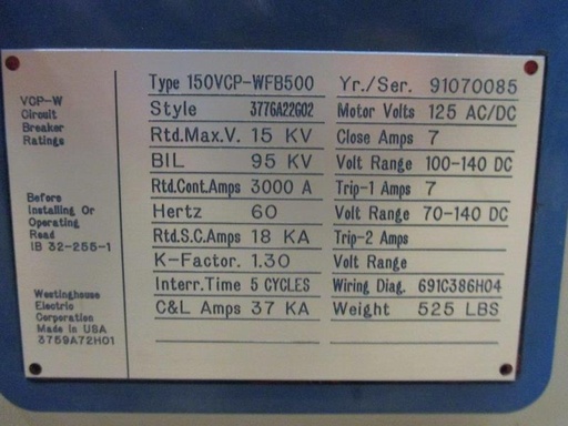 3000 Amp, WESTINGHOUSE, 150VCP-WFB500, 15 KV, 1991, E/O, D/O, 125 VDC:1