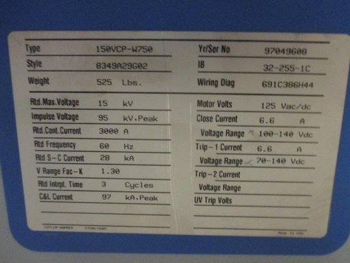 3000 Amp, CUTLER HAMMER, 150VCP-W750, 15 KV, 1997, E/O, D/O, 125 VDC:1