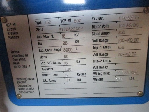 3000 Amp, WESTINGHOUSE, 150VCP-W500, 15 KV, 1989, E/O, D/O, 125 VDC, UNUSED:1