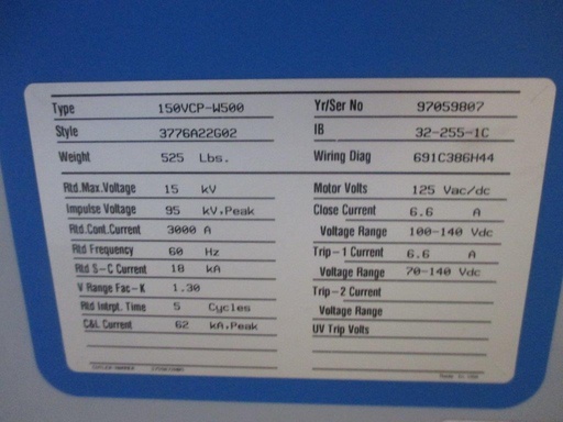 3000 Amp, CUTLER HAMMER, 150VCP-W500, 15 KV, 1997, E/O, D/O, 125 VDC, UNUSED:1