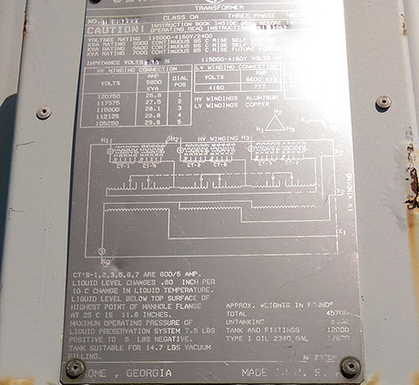 5000/7000 KVA, Pri 115000 D, Sec 4160Y/2400, GENERAL ELECTRIC, SUBSTATION