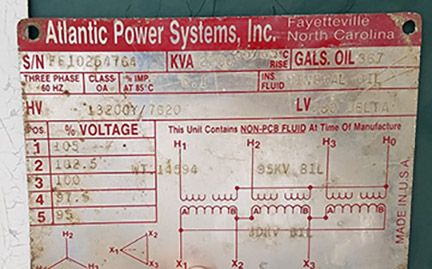 2500/2800 KVA, Pri 13200Y/7620, Sec 480 D, ATLANTIC POWER SYSTEMS, DEAD, LOOP