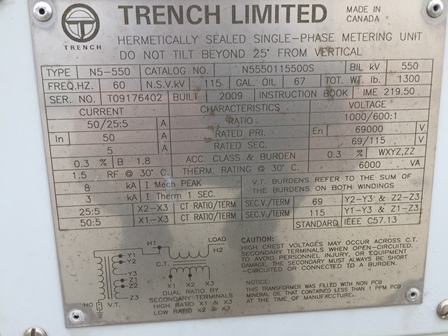 6 KVA, TRENCH, 115000/69000 V, Sec. 115/69 V, 2009, PT/CT, N5-550