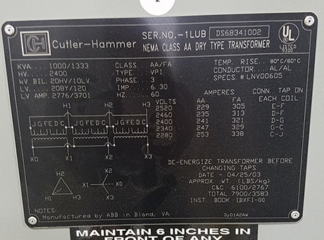 1000/1333 KVA, Pri 2400 D, Sec 208Y/120, CUTLER-HAMMER, ALUMINUM, INDOOR
