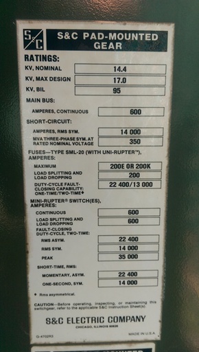 600 Amp, S & C, No. PMH-11, 14400 V., MINI-RUPTER SWITCH