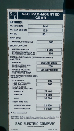 600 Amp, S & C, No. PMH-11, 14400 V., MINI-RUPTER SWITCH