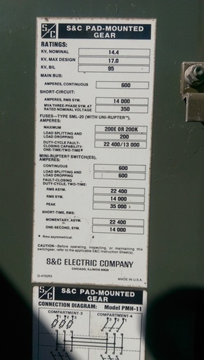 600 Amp, S & C, No. PMH-11, 14400 V., MINI-RUPTER SWITCH