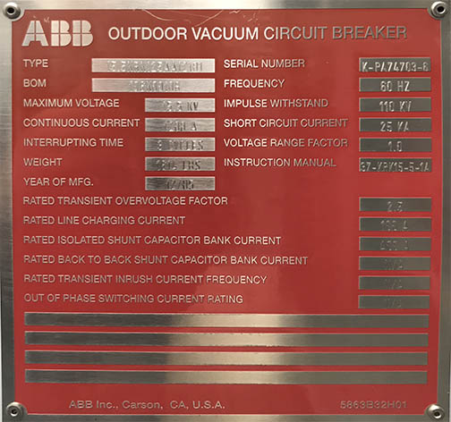 1200 Amp, ABB, ADVAC, 13800 V., O/D VACUUM, VM1-2412-25 MECH, UNUSED