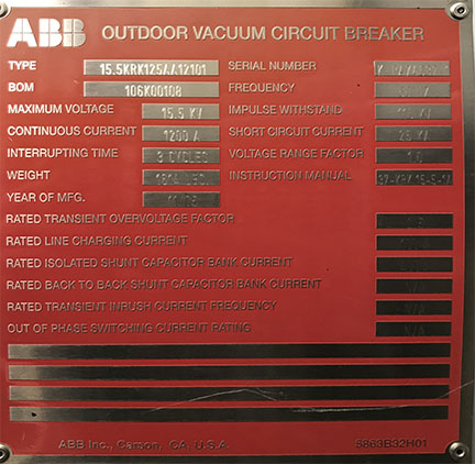 1200 Amp, ABB, ADVAC, 13800 V., O/D VACUUM, VM1-2412-25 MECH, UNUSED