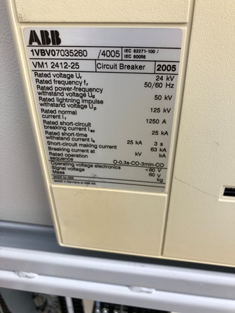 1200 Amp, ABB, ADVAC, 13800 V., O/D VACUUM, VM1-2412-25 MECH, UNUSED