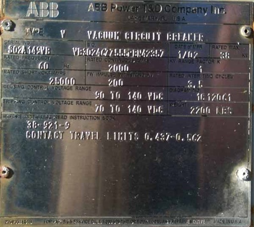 2000 Amp, ABB, V, 38 KV, 200KV BIL, 125 VDC CLOSE & TRIP, VACUUM BREAKER