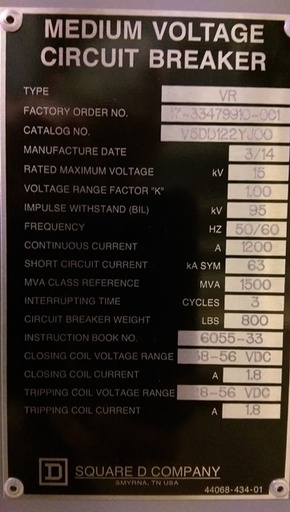 1200 Amp, SQUARE D, VR V5DD122YJ00, 15 KV, 2014, UNUSED:1