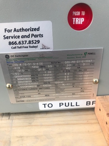 1200 Amp, GENERAL ELECTRIC/POWELL, VB4.76-31.5-4(3), E/O, D/O, 2016, UNUSED:1