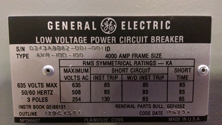 4000 Amp, GENERAL ELECTRIC, AKR-10D-100, 635 V., LOW VOLT, 50/60 HERTZ