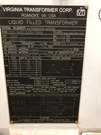 7500/10500 KVA, Pri 12000 D, Sec 4360Y/2517, VIRGINIA, COPPER