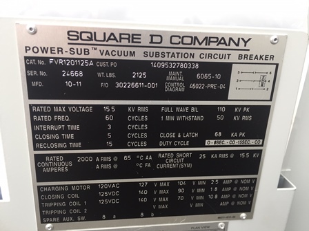 2000 Amp, SQUARE D, FVR1201125A, 15.5 KV, 3 PHASE, 125 VDC CONTROLS:1
