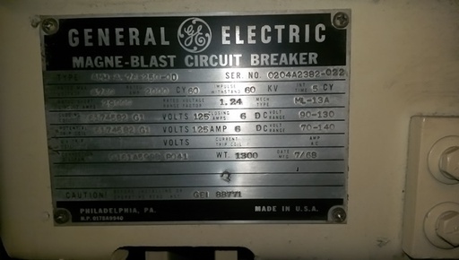 2000 Amp, GE, AMH-4 76-250-0D, 4760 V., ML-13A MECH., 125 VDC CLOSE & TRIP:1
