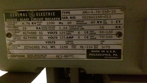 1200 Amp, GE, AMH-4.76-250-1D, 4760 V., ML-13A MECH., 125 VDC CLOSE & TRIP