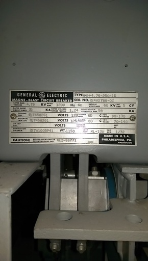 1200 Amp, GE, AMH-4.76-250-1D, 4760 V., ML-13A MECH., 125 VDC CLOSE & TRIP