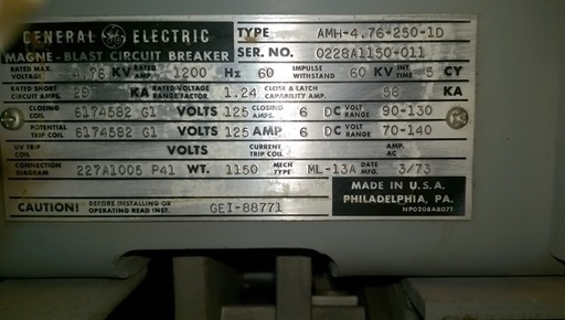 1200 Amp, GE, AMH-4.76-250-1D, 4760 V., ML-13A MECH., 125 VDC CLOSE & TRIP