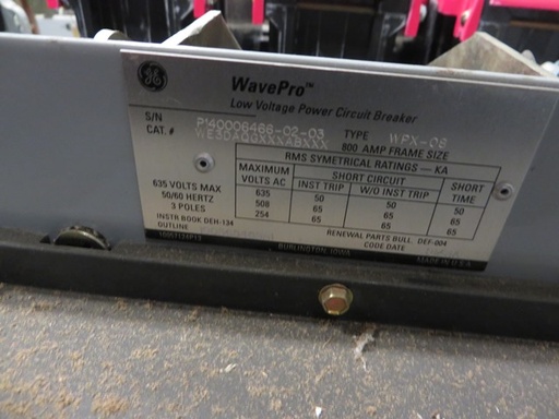 800 Amp, GE, WAVEPRO WPX-08, 480 V.,MANUALLY OPERATED, DRAW-OUT:1