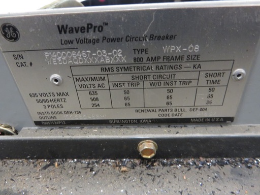 800 Amp, GE, WAVEPRO WPX-08, 480 V.,MANUALLY OPERATED, DRAW-OUT