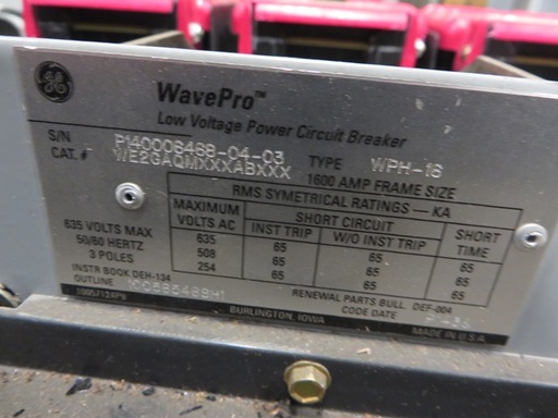 1600 Amp, GE, WAVEPRO, 480 V., MANUALLY OPERATED, DRAW-OUT