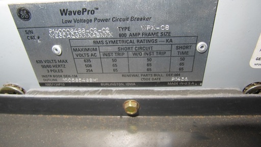 800 Amp, GE, WAVEPRO WPX-08, 480 V.,MANUALLY OPERATED, DRAW-OUT