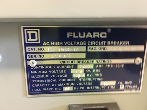 1200 Amp, SQUARE D, FLUARC, 15 KV, 750 MVA, DRAW-OUT, 5 CYCLE: