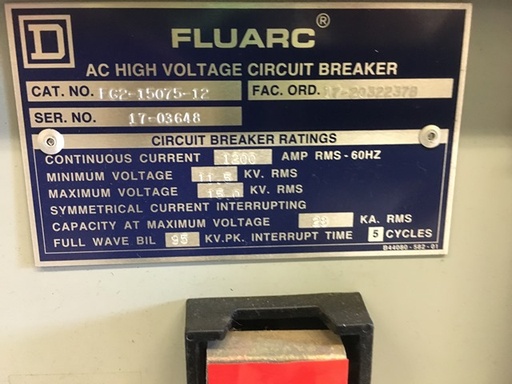 1200 Amp, SQUARE D, FLUARC, 15 KV, 750 MVA, DRAW-OUT, 5 CYCLE: