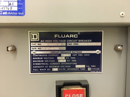 1200 Amp, SQUARE D, FLUARC, 15 KV, 750 MVA, DRAW-OUT, 5 CYCLE: