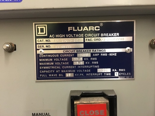 1200 Amp, SQUARE D, FLUARC, 15 KV, 750 MVA, DRAW-OUT, 5 CYCLE: