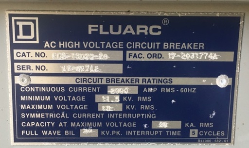 2000 Amp, SQUARE D, FLUARC, 15 KV, 750 MVA, DRAW-OUT, 5 CYCLE, PARTS ONLY:
