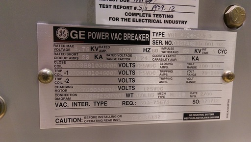 2000 Amp, GE, VB1 4.16-250-3, 2000, 125 VDC CLOSE/TRIP/MOTOR, ML-18 MECHANISM:1