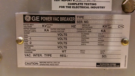 2000 Amp, GE, VB1 4.16-250-3, 2000, 125 VDC CLOSE/TRIP/MOTOR, ML-18 MECHANISM:1