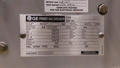 2000 Amp, GE, VB1 4.16-250-3, 2000, 125 VDC CLOSE/TRIP/MOTOR, ML-18 MECHANISM:1