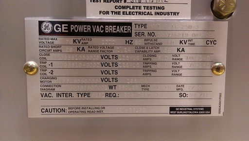 2000 Amp, GE, VB1 4.16-250-3, 2000, 125 VDC CLOSE/TRIP/MOTOR, ML-18 MECHANISM:1