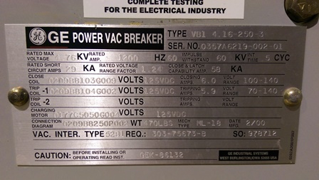 1200 Amp, GE, VB1 4.16-250-3, 2000, 125 VDC CLOSE/TRIP/MOTOR, ML-18 MECHANISM:1