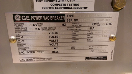 1200 Amp, GE, VB1 4.16-250-3, 2000, 125 VDC CLOSE/TRIP/MOTOR, ML-18 MECHANISM:1